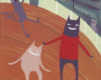 Impresión de arte de gato - Gatos patinan en la pista de patinaje sobre ruedas Impresión - Peculiar y divertido Roller Derby Cats Artwork Wall Decor