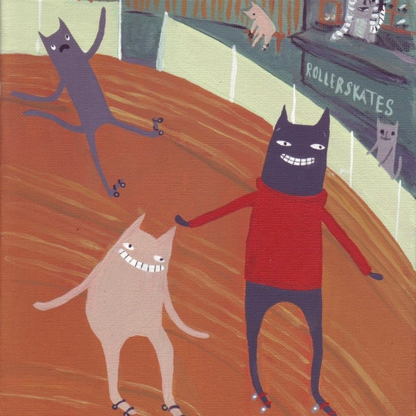 Cat Art Print - Cats Skate at Roller Skating Rink Print - Quirky and Funny Roller Derby Cats Artwork Print Wall Decor