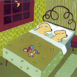 May include: A green and white bed with a black metal headboard. Two yellow dogs are sleeping on the bed. Two children are sleeping on the bed as well. The room has green walls with white polka dots.