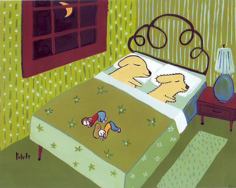 May include: A green and white bed with a black metal headboard. Two yellow dogs are sleeping on the bed. Two children are sleeping on the bed as well. The room has green walls with white polka dots.
