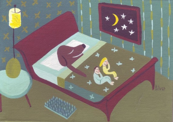 Silly Dog Art Print Brown Dog Sleeps in Bed Humans Sleep at Foot
