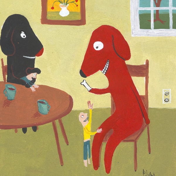 Impresión artística de perro divertido: alimentando a la gente debajo de la mesa: obra de arte popular caprichosa de Labrador negro, Labrador chocolate, Chesapeake Bay Retriever, Labrador Vizla