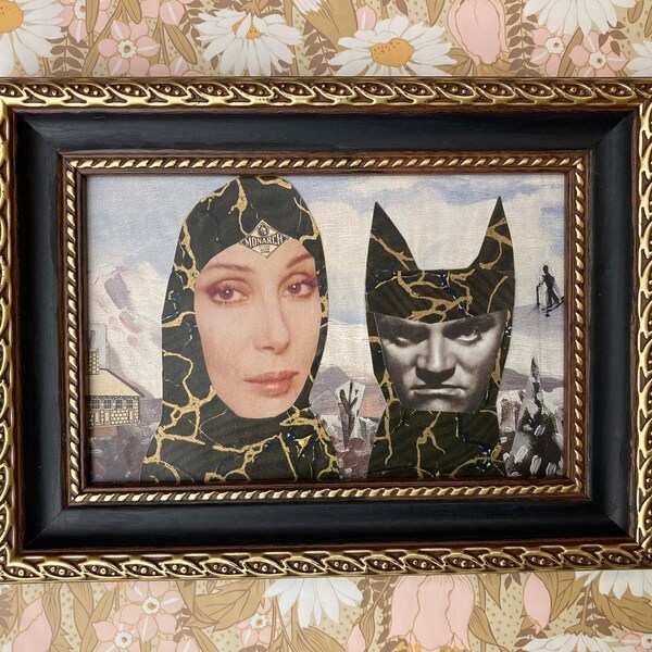 Cher w Emotional Support Cat at Ski Resort Art - Framed Original Collage by Sara Pulver