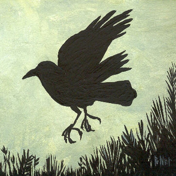 Raven or Crow ACEO Mini Art Print -Crow ATC Art Trading Card - Black Bird Silhouette Folk Artwork by Sara Pulver Spooky Beautiful