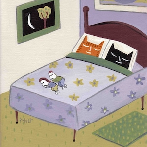 Funny Black Cat, Orange Tabby Print (Also available with Tuxedo Cat) Whimsical Cats Sleeping in Bed - Purple Green Cream Poster Folk Art