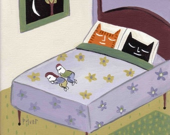 Funny Black Cat, Orange Tabby Print (Also available with Tuxedo Cat) Whimsical Cats Sleeping in Bed - Purple Green Cream Poster Folk Art