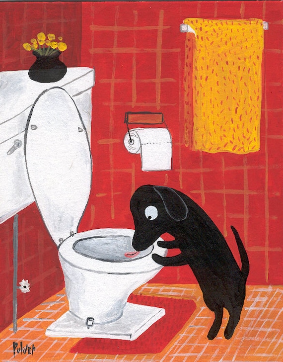 Funny Dog Art Print 8x10 Whimsical Black Lab Drinks Out of Toilet in Red Bathroom Labrador Retriever Art Print by Sara Pulver