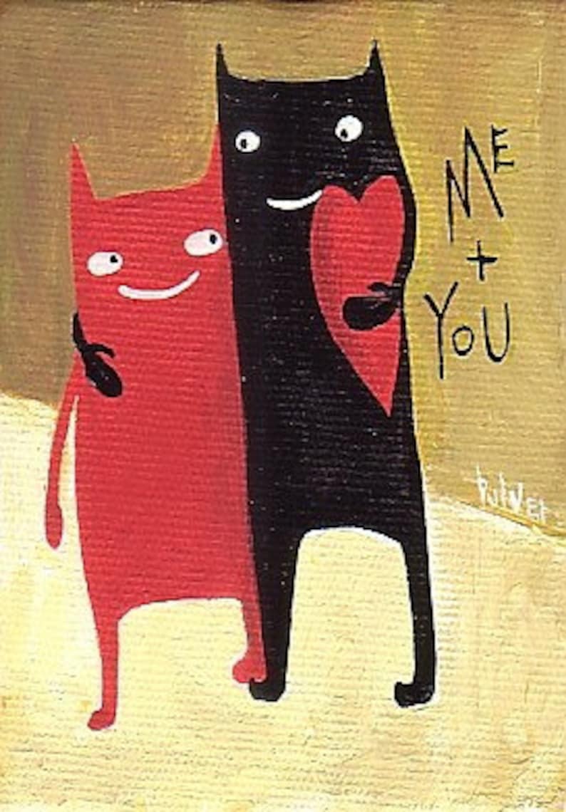Whimsical Art Valentines Day Cat Art Card Cats with Heart Art Card Me and You image 2