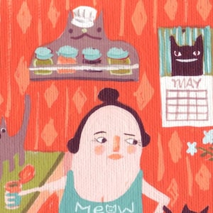 May include: A woman with a bun in her hair is wearing a green shirt with the word "Meow" on it. She is holding a can of cat food and looking at a black cat. There is a calendar on the wall that says "May" and a shelf with jars on it. The background is a red and white pattern.