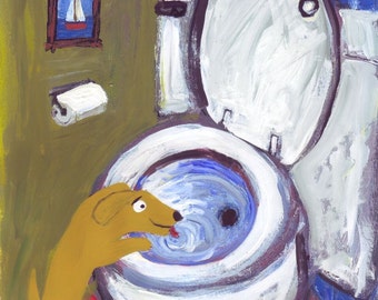 Dog Art Print - Yellow Lab or Golden Retriever Drinks Out of Toilet - Whimsical Funny Humorous Bathroom Decor Folk Art
