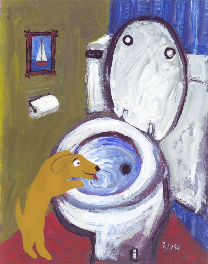 Dog Art Print Yellow Lab or Golden Retriever Drinks Out of Toilet Whimsical Funny Humorous Bathroom Decor Folk Art image 1