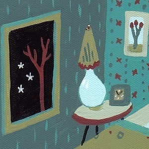 May include: A framed illustration of a red tree with white stars on a black background, a white lamp with a red and white shade, and a clock on a small table with a red and white top.