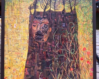 Tree Man Art Collage Painting - Framed Original Outsider Fine Art Artwork Wall Decor by Sara Pulver 3crows
