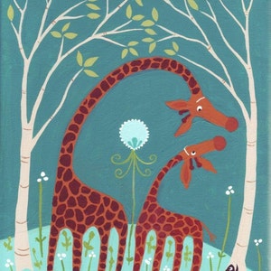 Giraffe Art Print - Whimsical Outsider Folk Artwork Wall Decor - Mother and Baby Giraffe Artwork by Sara Pulver