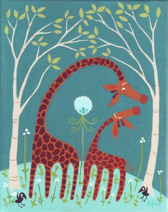 Giraffe Art Print - Whimsical Outsider Folk Artwork Wall Decor - Mother and Baby Giraffe Artwork by Sara Pulver