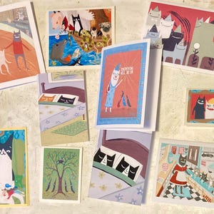 10 Cat Note Cards - Fun Folk Art Greeting or Gift Cards - Assorted Sizes, No Envelopes