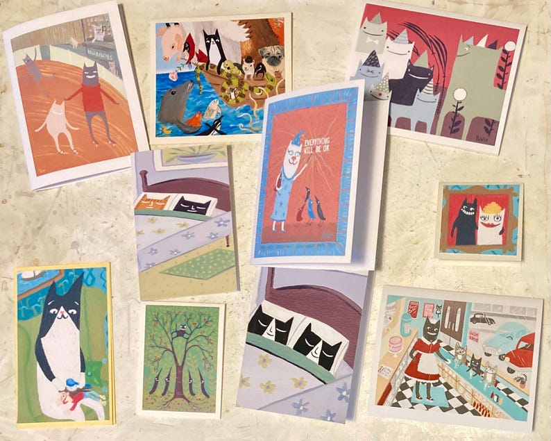 10 Cat Note Cards - Fun Folk Art Greeting or Gift Cards - Assorted ...