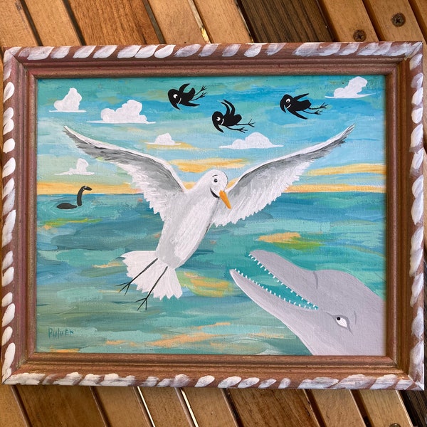 Seagull and Dolphin - Framed Original Folk Art Painting by Sara Pulver-Crows Loch Ness Sea Ocean Lake
