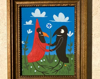 Cardinal and Crow Painting - Framed Original Bird Folk Art by Sara Pulver