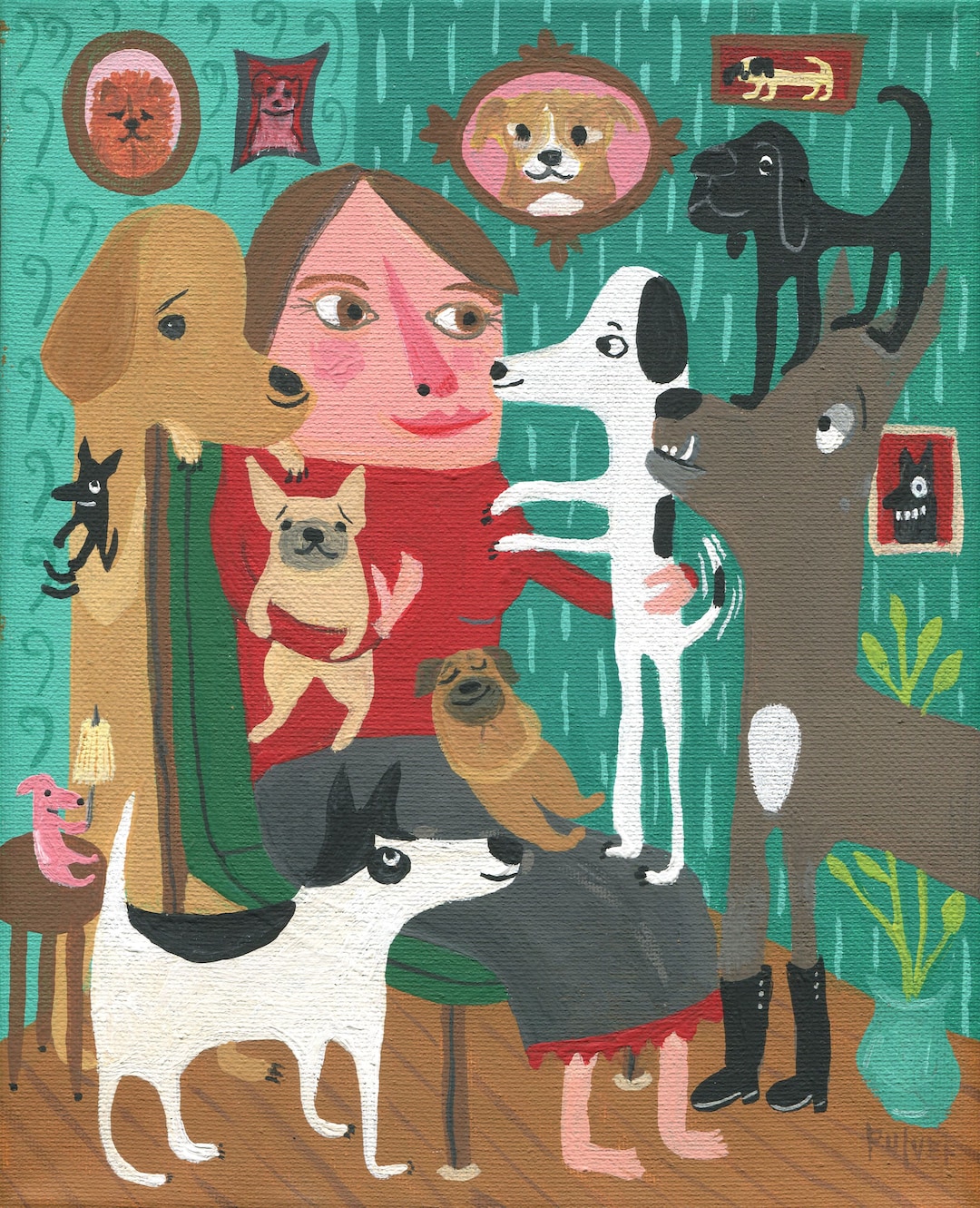 Crazy Dog Lady Art Print - Whimsical Outsider Folk Artwork Wall