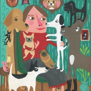 Crazy Dog Lady Art Print -  Whimsical Outsider Folk Artwork Wall Decor - Rescue Lab Pug Bulldog Mutt DOGS!