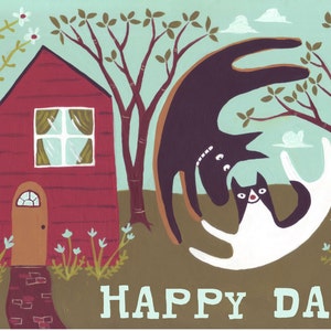 Cartão de arte para cães e gatos, pastor alemão n smoking, casa vermelha, cartão de casamento, aniversário, cartão de parabéns, cachorro, gato, cartão de arte popular, nova casa