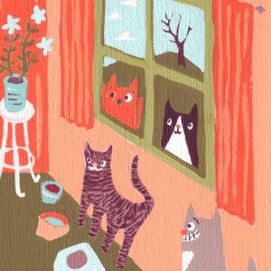 May include: A painting of a room with five cats. One cat is sitting on a windowsill, looking out the window. Another cat is sitting on the floor, looking at the viewer. The other three cats are in the window, looking out. The room is painted in shades of orange, green, and brown.