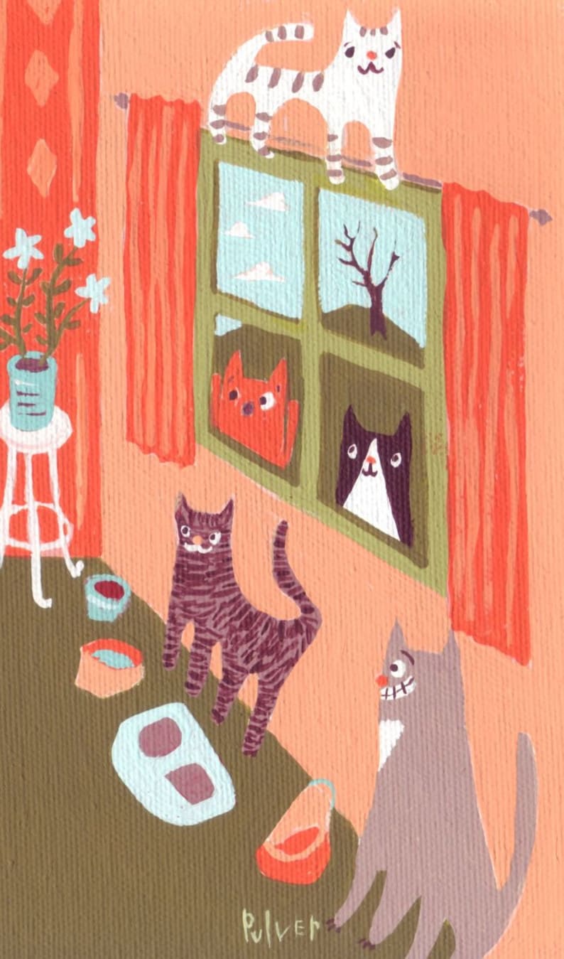 May include: A painting of a room with five cats. One cat is sitting on a windowsill, looking out the window. Another cat is sitting on the floor, looking at the viewer. The other three cats are in the window, looking out. The room is painted in shades of orange, green, and brown.