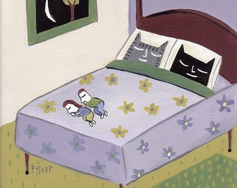 Funny Cat Art Print 8x10 Cats Sleeping in Bed - Green and Purple Folk Art - Grey Tiger Tabby (or Orange) and Black Cat