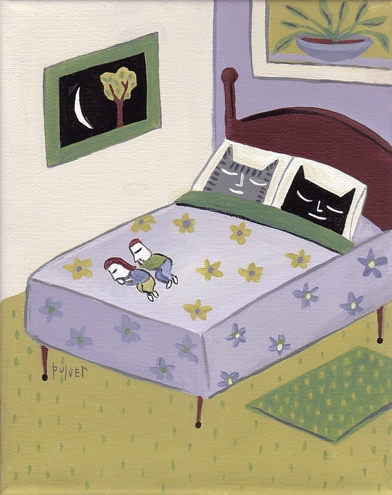Funny Cat Art Print 8x10 Cats Sleeping in Bed - Green and Purple Folk Art - Grey Tiger Tabby (or Orange) and Black Cat