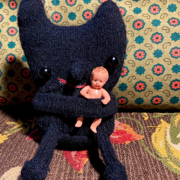 Teddy Bear w Vintage Baby Doll - Handmade Hand Sewn Black Cashmere Folk Art Plush Bear by Sara Pulver 3crows