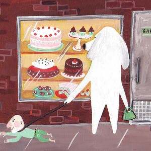 May include: An illustration depicts a white poodle-like figure with a green purse, gazing at a bakery display case filled with cakes and cupcakes. A small figure in green clothing is being pulled along the sidewalk by a leash. The bakery door has a "BAKERY" sign.