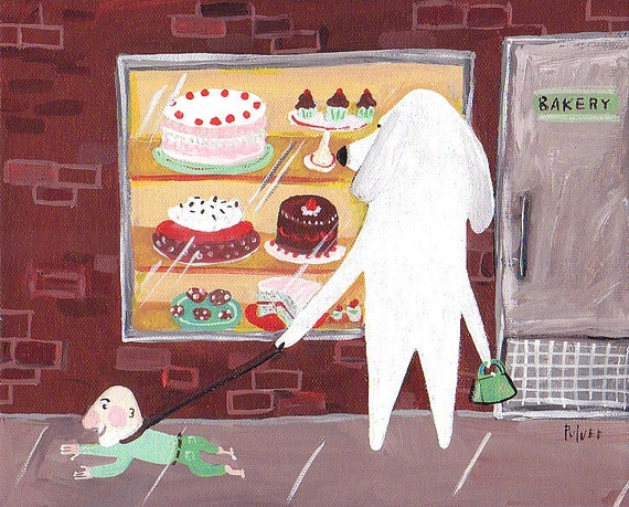 Funny White Dog Bakery Art Print - White Bakery Kitchen Restaurant Wall Decor White Lab Great Pyrenees Artwork Folk Art Print by Sara Pulver
