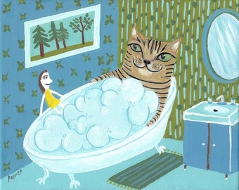 Tiger Cat Art Print - 8x10 Funny Whimsical Bubble Bathroom Wall Decor Artwork