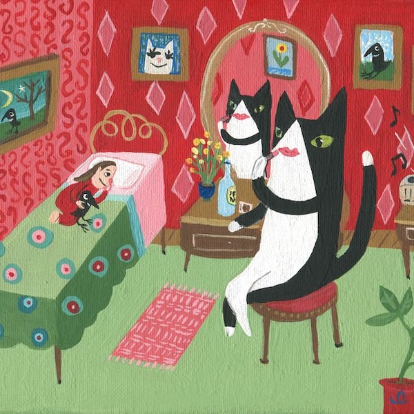 Tuxedo Cat Art Print - Funny Black White Cat Putting on Lipstick w Girl & Crow - Outsider Folk Artwork - Cat Wall Decor Artwork Sara Pulver