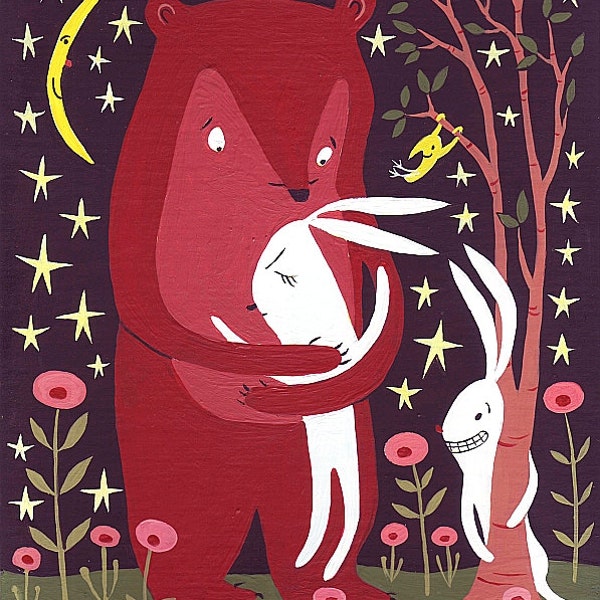 Bear Hugs Rabbit ACEO Woodland Mini Art Print Sara Pulver Artwork 3crows