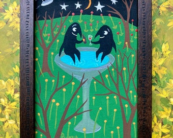 Crows Cheers on Birdbath Painting - Framed Original Black Bird Raven UFO Alien Folk Art by Sara Pulver
