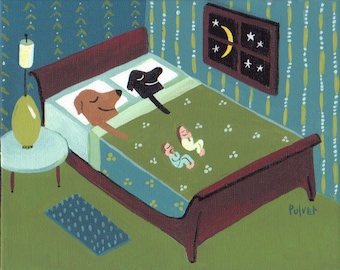 Sleeping Dogs in Bed Art Card - Funny Whimsical Bedroom Folk Artwork -Pitbull, Yellow Lab, Black Lab