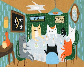 Cat and Crow Seance Art Print - Whimsical and Funny Outsider Folk Artwork by Sara Pulver