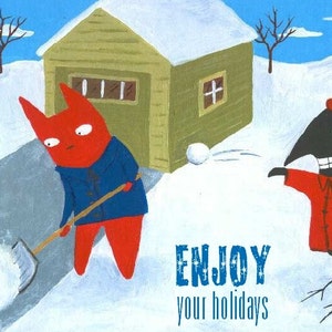 Zabawna kartka świąteczna Cat n Crow - Boże Narodzenie, Chanuka Folk Art Animal Card - Snowball Fight