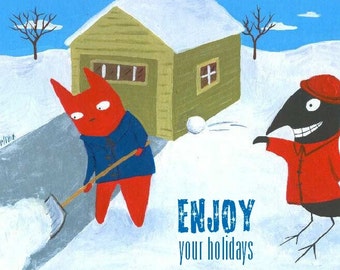 Funny Cat n Crow Holiday Card - Christmas, Hanukkah Folk Art Animal Card - Snowball Fight