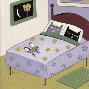 Cat ACEO Art Mini Print Cats In Bed People At FOOT 2.5"x3.5" Folk Art Animal - Black Cat Grey Cat