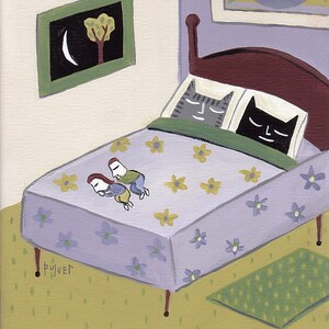 Cat ACEO Art Mini Print Cats In Bed People At FOOT 2.5"x3.5" Folk Art Animal - Black Cat Grey Cat