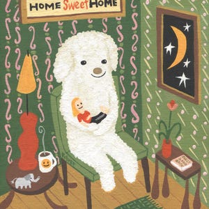 White Dog and Girl Note Card - Folk Art Fluffy Little White Poodle Bichon Frise Bolognese Cotonese Artwork Birthday Mother's Day Card