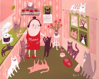 Cat Lady in Kitchen Art Print - Whimsical and Funny Folk Artwork -Pink and Green