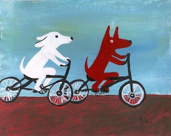 Dogs Ride BIKES Art Note Card - Bicycle Folk Outsider Art - White Dog with Red Brown Dog