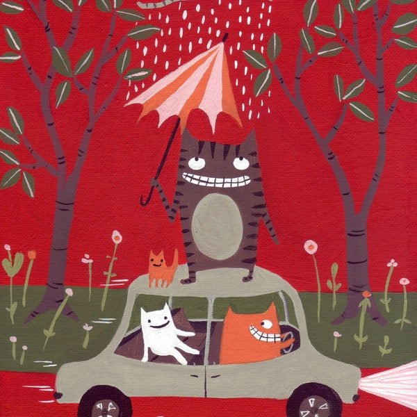 Cat Road Trip Art Painting - Whimsical and Weird Red Folk Artwork Wall Decor 8x10 - Funny Cats in Car Outsider Artwork