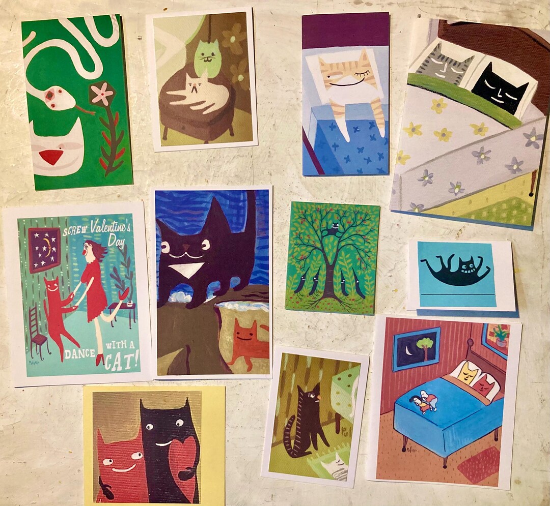 10 Cat Note Cards Fun Folk Art Greeting or Gift Cards Assorted Sizes ...