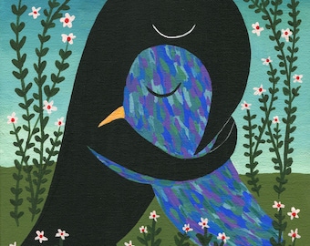 Crow Hugs Starling Card - Bird Notecard Crow Art Raven Card Artwork Love Miss You Sympathy Grieving Mourning Divorce Birthday Card Love Card