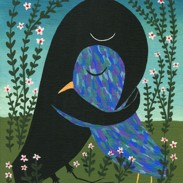 Crow Hugs Starling Card - Bird Notecard Crow Art Raven Card Artwork Love Miss You Sympathy Grieving Mourning Divorce Birthday Card Love Card